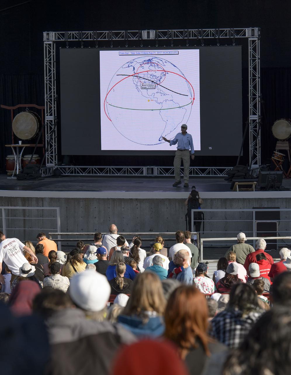 Astronaut Don Pettit gives an overview of the 2017 Solar Eclipse viewing event at the Oregon State Farigrounds, Salem, Orgon.