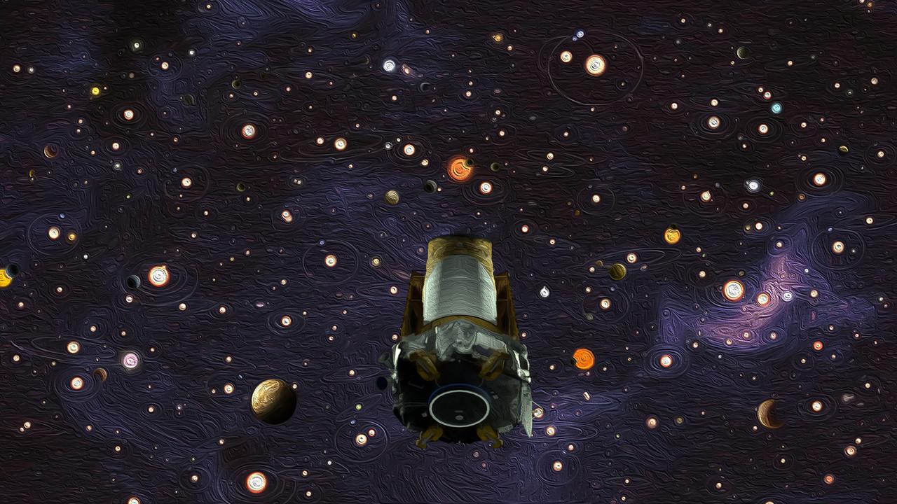After nine years in deep space collecting data that revealed our night sky to be filled with billions of hidden planets, more planets even than stars, NASA’s Kepler space telescope has run out of fuel needed for further science operations. Illustration depicting the Kepler spacecraft in a sky filled with exoplanets and planetary systems.