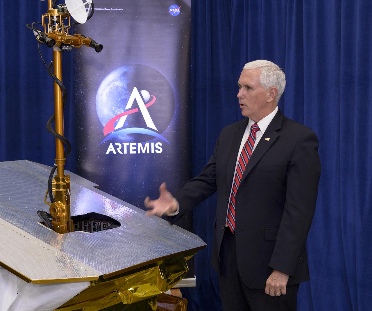 Vice President Mike Pence examines the Volatiles Investigating Polar Exploration Rover, or VIPER engineering test unit during his vist to NASA Ames Research Center, in California’s Silicon Valley.