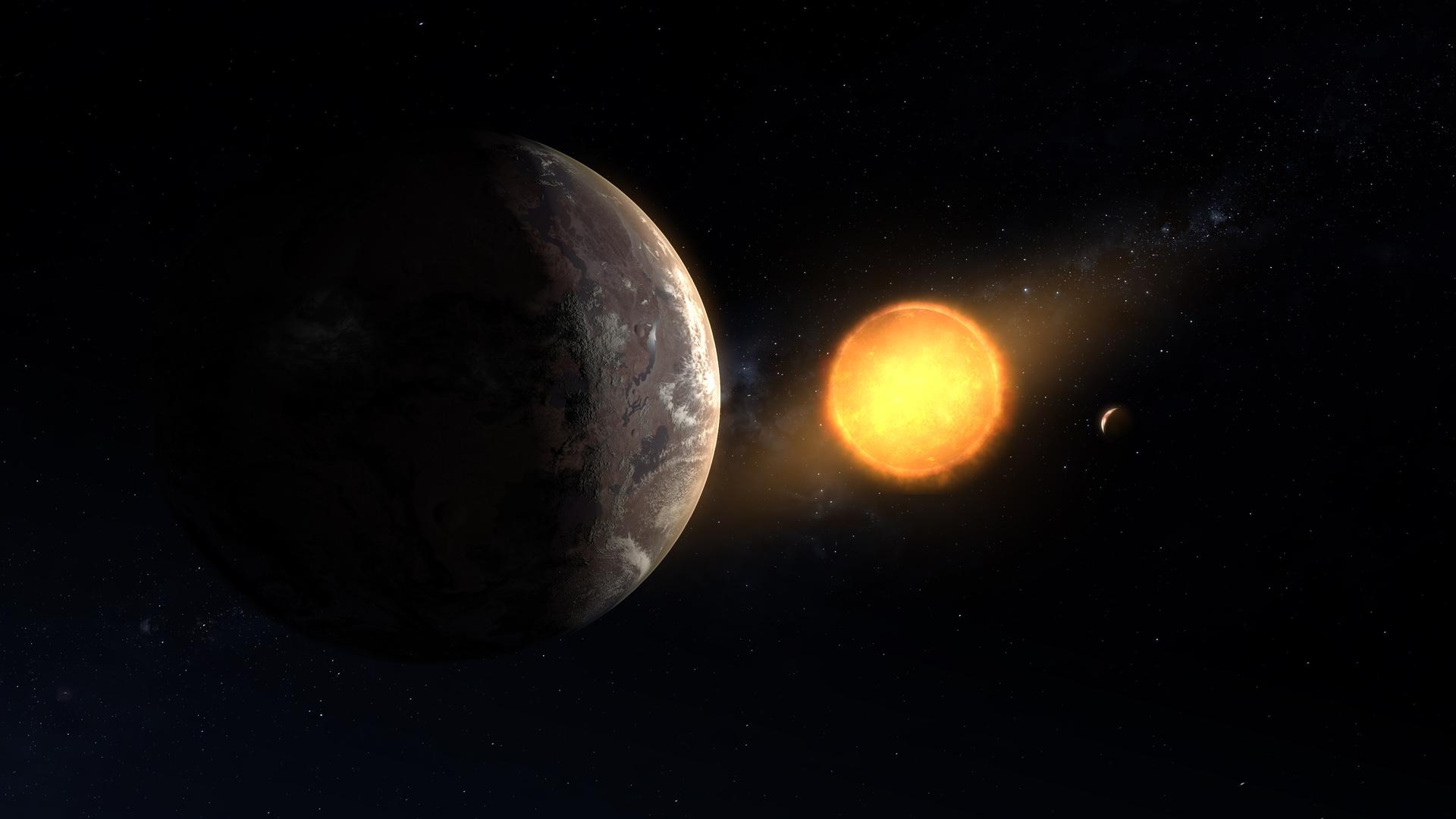 Kepler-1649c Illustration of the exoplanet orbiting its host host red dwarf star.