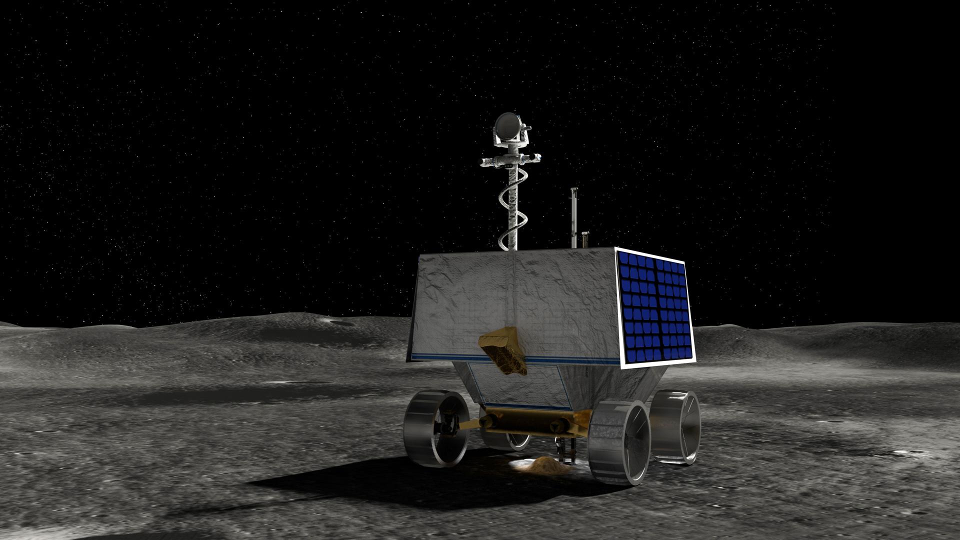 An illustration of the VIPER Rover searching for water at the south pole of the Moon.