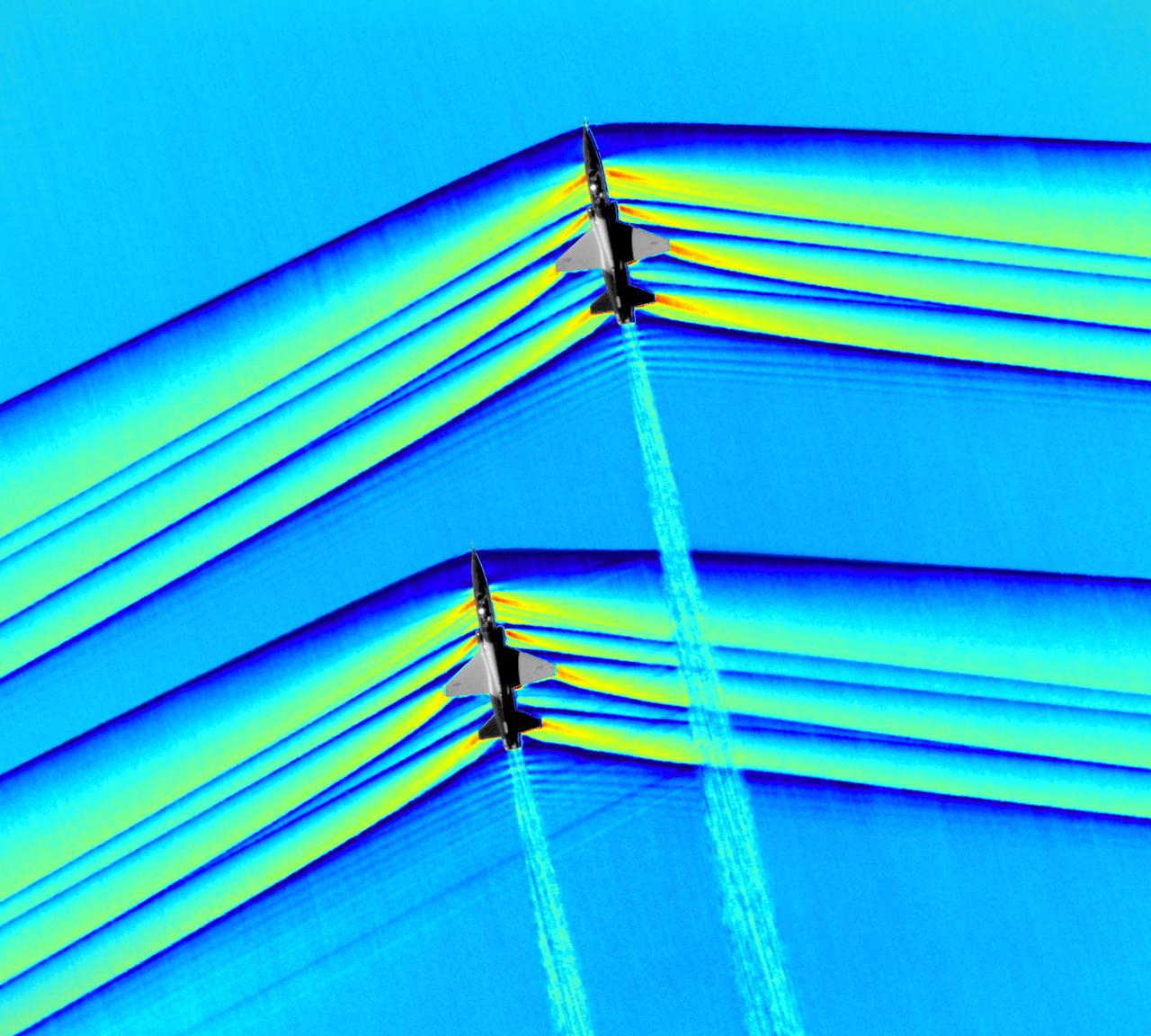 Composite image of Background Oriented Schlieren (BOS) data (contour) with a cut-out images of the T-38’s during a Mach Number 1.01 pass. This data is the first time shockwave interactions between two full scale aircraft traveling faster than the speed of sound have been imaged and shown with schlieren visualization. Original recording of the pass taken in the Black Mountain Supersonic Corridor at near Edwards AFB in December of 2018. Image acquired by JT Heineck, schlieren data processed by Neal Smith