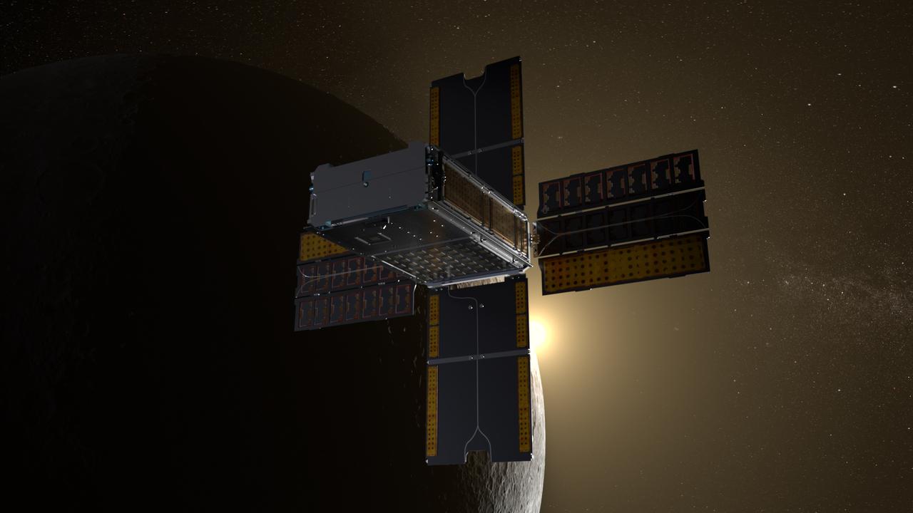 BioSentinel spacecraft enters a lunar flyby trajectory into a heliocentric orbit. BioSentinel will detect and measure the impact of space radiation on living organisms over long durations beyond low-Earth orbit (LEO). Illustration by Daniel Rutter.