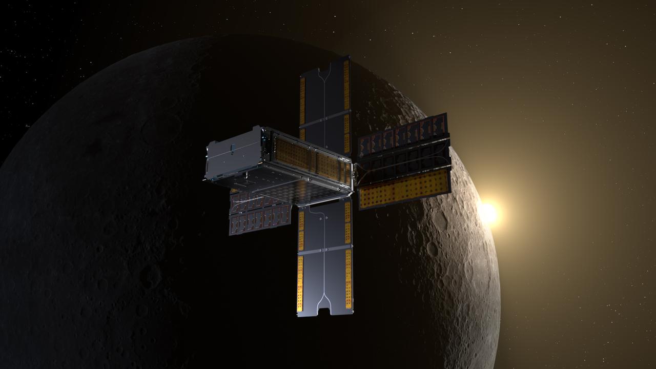 BioSentinel spacecraft enters a lunar flyby trajectory into a heliocentric orbit. BioSentinel will detect and measure the impact of space radiation on living organisms over long durations beyond low-Earth orbit (LEO). Illustration by Daniel Rutter.