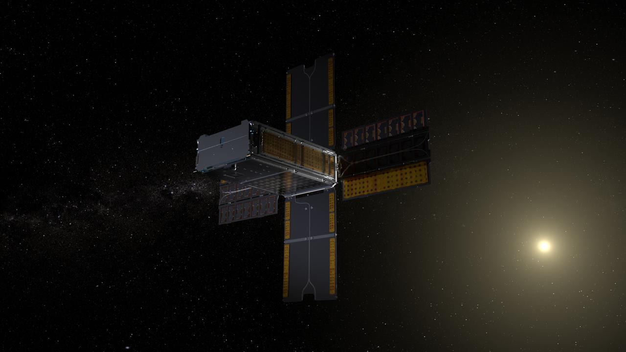 The BioSentinel spacecraft enters a heliocentric orbit. BioSentinel will detect and measure the impact of space radiation on living organisms over long durations beyond low-Earth orbit (LEO). Illustration by Daniel Rutter.