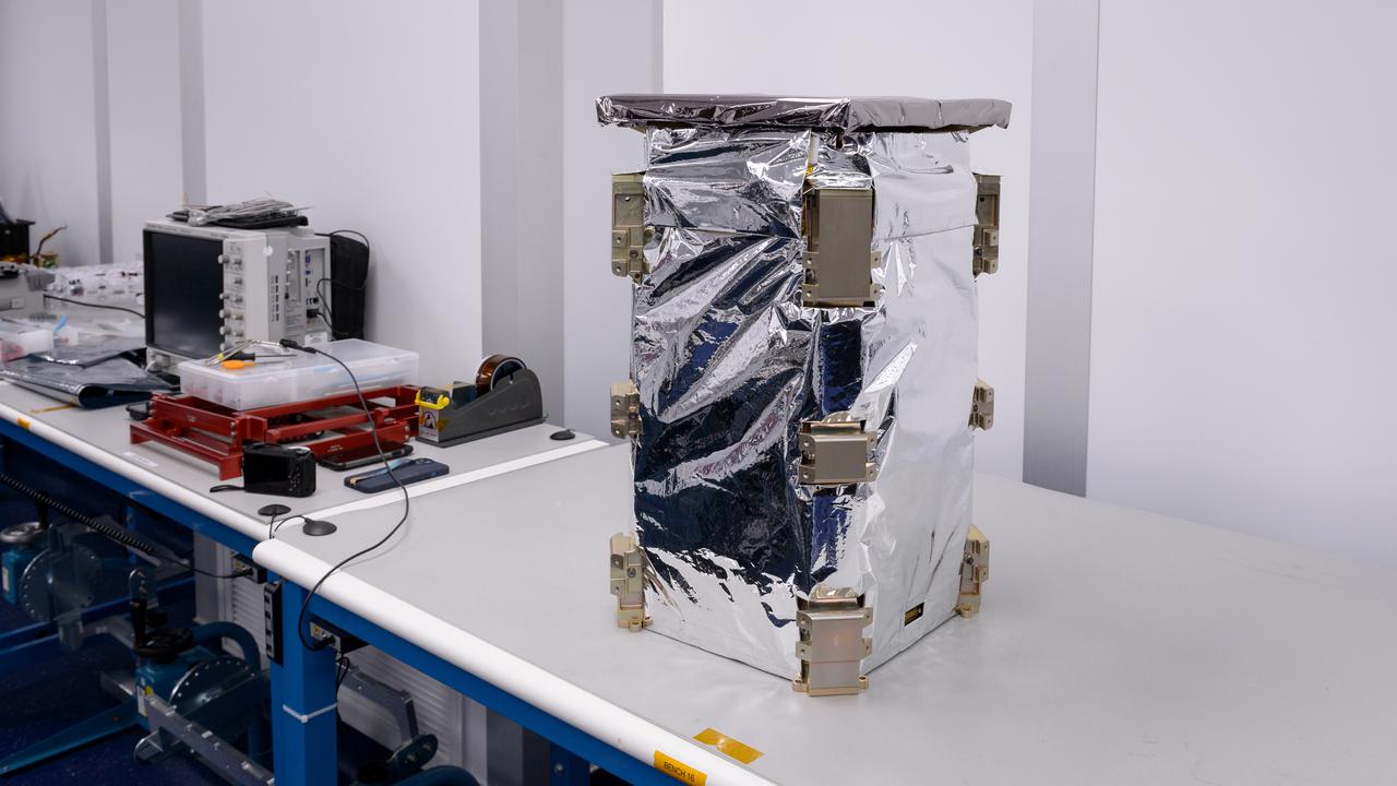 The CAPSTONE spacecraft dispenser in a thermal blanket with the spacecraft stowed inside at Tyvak Nano-Satellite Systems, Inc., in Irvine, California.