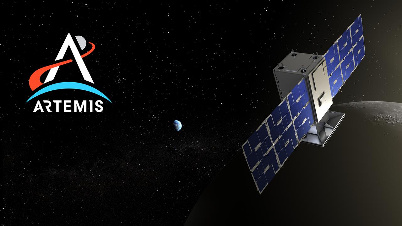 Virtual background of CAPSTONE spacecraft optimized for desktop use (16:9). The CAPSTONE mission will demonstrate an innovative spacecraft-to-spacecraft navigation solution at the Moon from a near rectilinear halo orbit slated for Artemis’ Gateway. Illustration by Daniel Rutter.