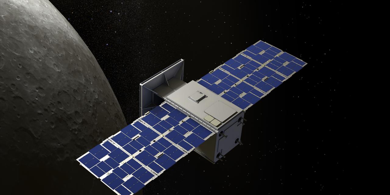 Virtual background of CAPSTONE spacecraft optimized for phone use (9:16). The CAPSTONE mission will demonstrate an innovative spacecraft-to-spacecraft navigation solution at the Moon from a near rectilinear halo orbit slated for Artemis’ Gateway.  Illustration by Daniel Rutter.