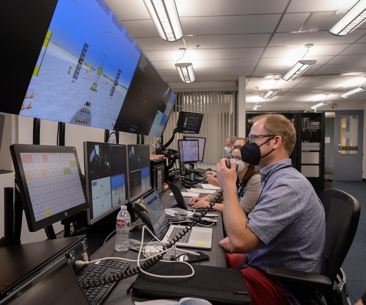 AFCM subproject simulation FAA-2 flight test team member Thomas Lombaerts in the VMS control room, N243, during a simulation.