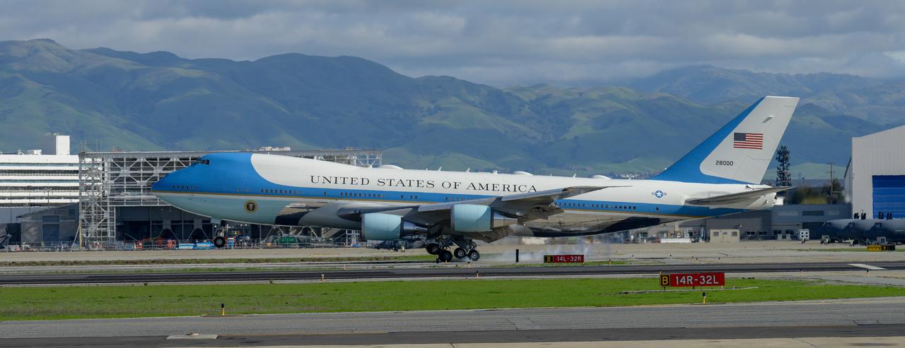 Air Force One with President Joe Biden arrives at Moffett Federal Airfield, near NASA’s Ames Research Center in California’s Silicon Valley, Thursday, Jan. 19, 2023. The President was en route to tour recent storm damage in the state.