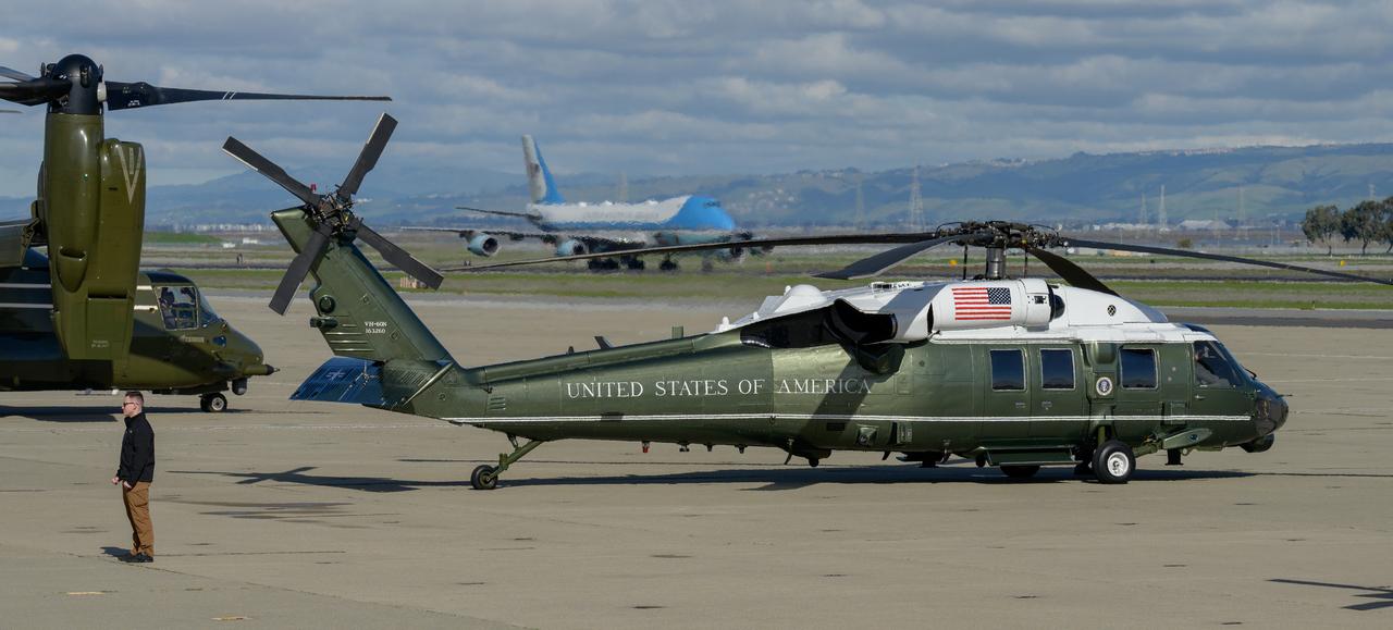 Air Force One with President Joe Biden arrives at Moffett Federal Airfield, near NASA’s Ames Research Center in California’s Silicon Valley, Thursday, Jan. 19, 2023. The President was en route to tour recent storm damage in the state.