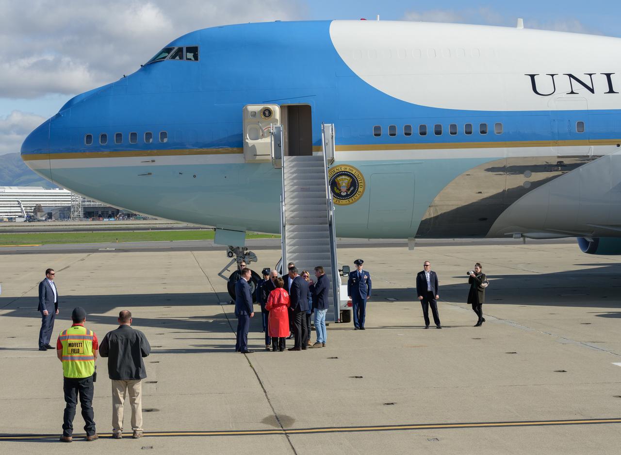 President Joe Biden landed aboard Air Force One at Moffett Federal Airfield, near NASA’s Ames Research Center in California’s Silicon Valley, Thursday, Jan. 19, 2023, en route to tour recent storm damage in the state. The President was greeted by Dr. David Korsmeyer, associate center director for research and technology at Ames, U.S. Congresswoman Anna G. Eshoo, U.S. Senator Alex Padilla, and California Governor Gavin Newsom.