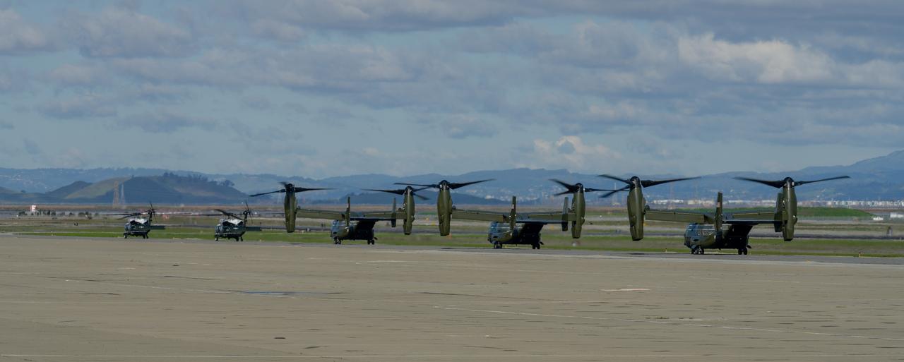 Marine One, with President Joe Biden aboard, and Presidential MV-22 Ospreys depart Moffett Federal Airfield, near NASA’s Ames Research Center in California’s Silicon Valley, Thursday, Jan. 19, 2023. The President was en route to tour recent storm damage in the state.