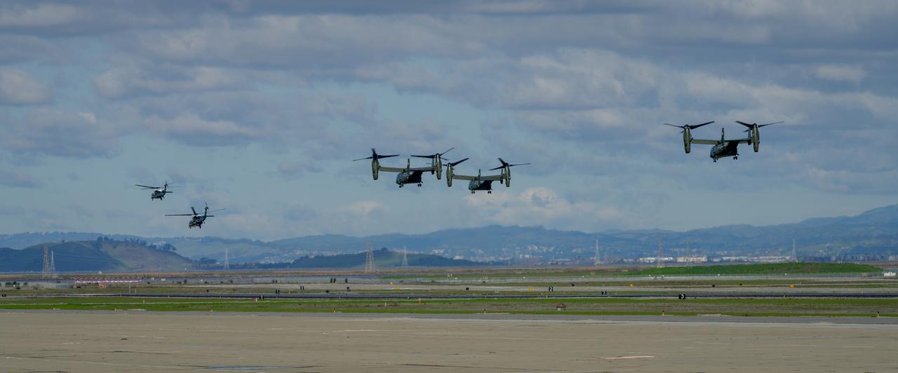 Marine One, with President Joe Biden aboard, and Presidential MV-22 Ospreys depart Moffett Federal Airfield, near NASA’s Ames Research Center in California’s Silicon Valley, Thursday, Jan. 19, 2023. The President was en route to tour recent storm damage in the state.
