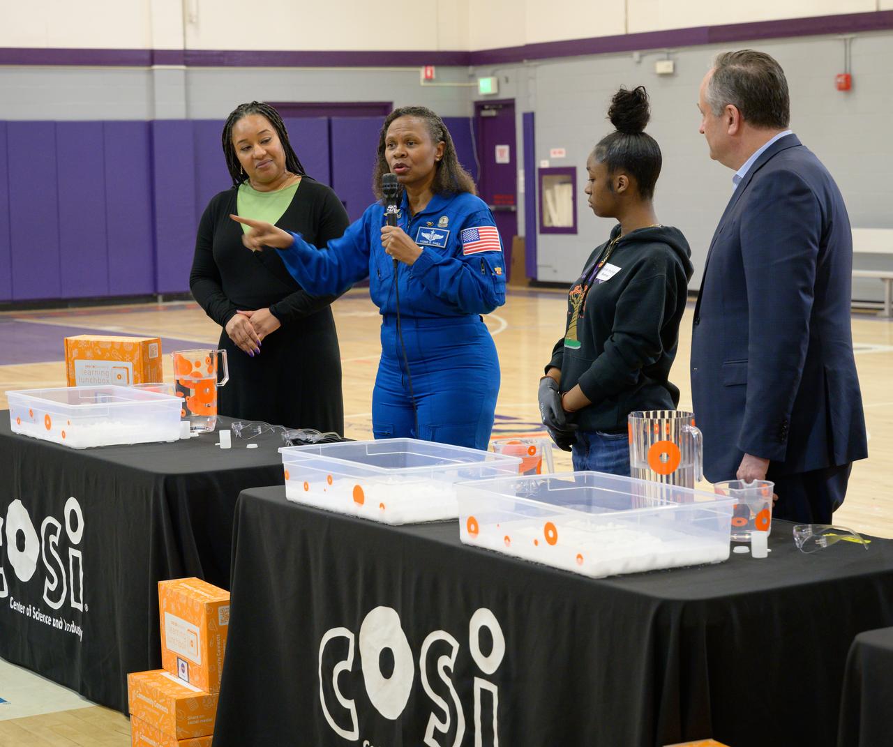 Astronaut Yvonne Cagle provides opening remarks at the East Oakland Youth Development Center in Oakland, California. Hosted in honor of Women’s History Month by the Center of Science and Industry (COSI) under a NASA OSTEM agreement, the Oakland activities reached 500 East Bay students and provided five space-focused learning activities that showcase the diversity of STEM at NASA.