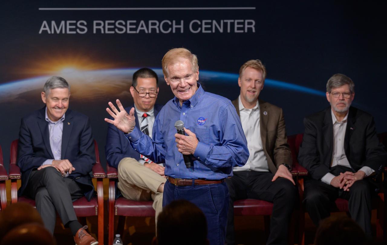 NASA Administrator Bill Nelson, front, talks to the workforce at NASA’s Ames Research Center in California’s Silicon Valley during the “Moon to Mars” town hall in the N201 Syvertson Auditorium. Behind, left to right, are Deputy Administrator Pam Melroy, Associate Administrator Bob Cabana, Ames Center Director Eugene Tu, Director of Space Architectures Kurt “Spuds” Vogel, Deputy Associate Administrator for Exploration in the Science Mission Directorate Joel Kearns.