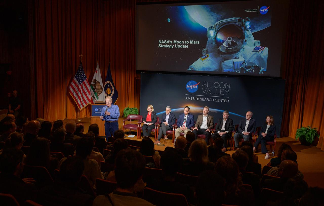 NASA Administrator Bill Nelson, front, talks to the workforce at NASA’s Ames Research Center in California’s Silicon Valley during the “Moon to Mars” town hall in the N201 Syvertson Auditorium. Behind him, left to right, are Deputy Administrator Pam Melroy, Associate Administrator Bob Cabana, AmesCenter Director Eugene Tu, Director of Space Architectures Kurt “Spuds” Vogel, Deputy Associate Administrator for Exploration in the Science Mission Directorate Joel Kearns, Deputy Associate Administrator for Programs in the Space Technology Mission Directorate Walt Engelund, and Deputy Associate Administrator for Exploration Systems Development Cathy Koerner.