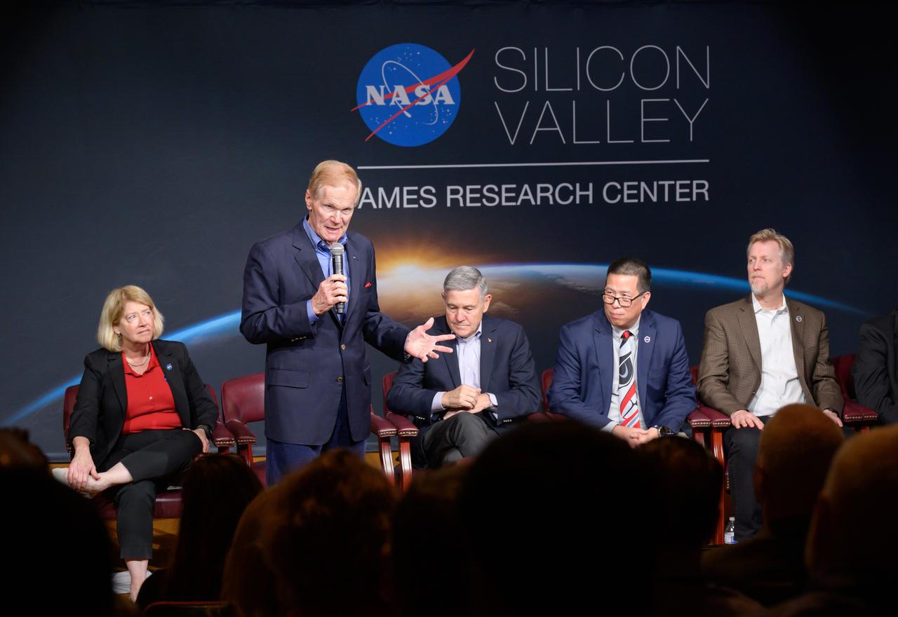 NASA Administrator Bill Nelson, front, talks to the workforce at NASA’s Ames Research Center in California’s Silicon Valley during the “Moon to Mars” town hall in the N201 Syvertson Auditorium. Behind him, left to right, are Deputy Administrator Pam Melroy, Associate Administrator Bob Cabana, Ames Center Director Eugene Tu, and Director of Space Architectures Kurt “Spuds” Vogel.