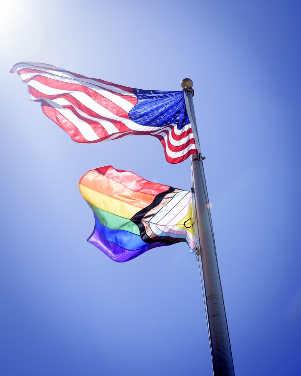 The Intersex Progress Pride flag flies for the first time at any NASA center below the American flag, in front of the Ames Administration Building, N200, to commemorate Pride Month.