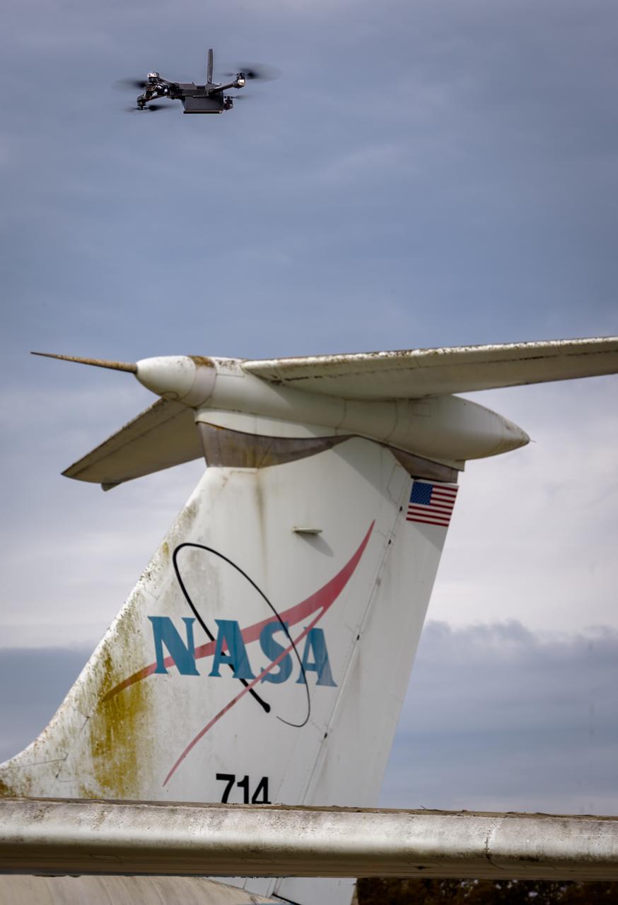 The drone follows an autonomously defined path around the modified C-141 Kuiper Airborne Observatory, (KAO) (NASA-714), on the N211 apron.  The drone photographs the aircraft with a visible and infrared camera which are processed using a photogrammetry software package called Pix4D that converts them into a 3D model.  Scanning the aircraft is the first phase of documenting the aircraft demolition as well as an opportunity to train pilots to operate the Pix4D software.