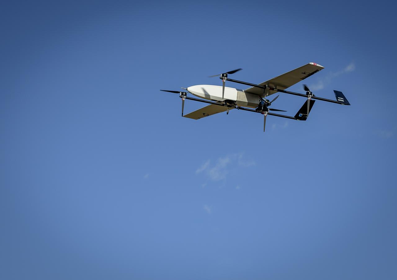 The SuperVolo XL Unmanned Aerial Vehicle (UAV) lifts off at the Monterey Bay Academy Airport near Watsonville, California.