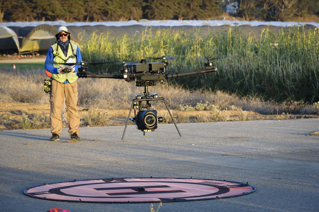 Jonas Jonsson guides the Alta-X Unmanned Aerial Vehicle (UAV) with camera payload down to the landing pad at the Monterey Bay Academy Airport near Watsonville, California.