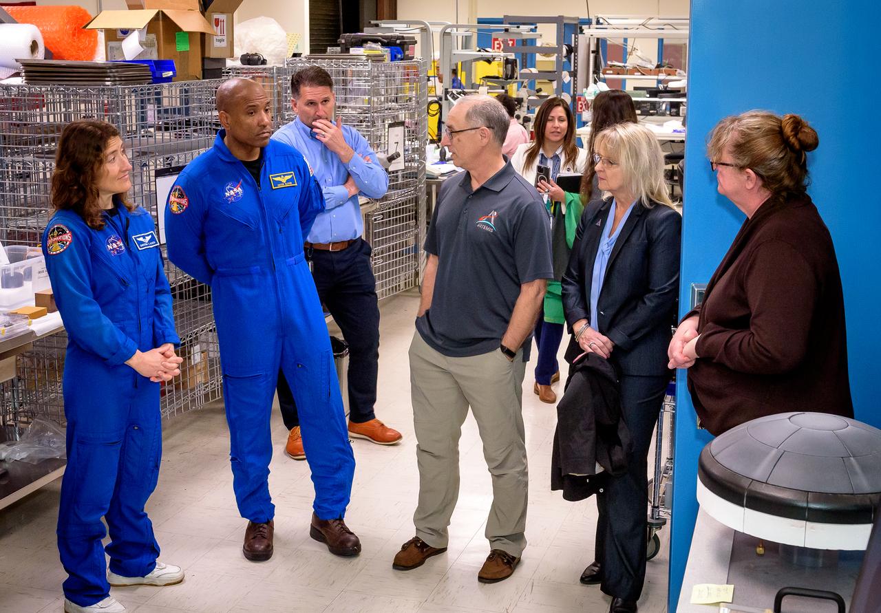 NASA astronauts Christina Koch, left, Victor J. Glover,  Matt Switzer, Orion Deputy Program Manager Debbie Korth, and Margaret Stackpoole.
