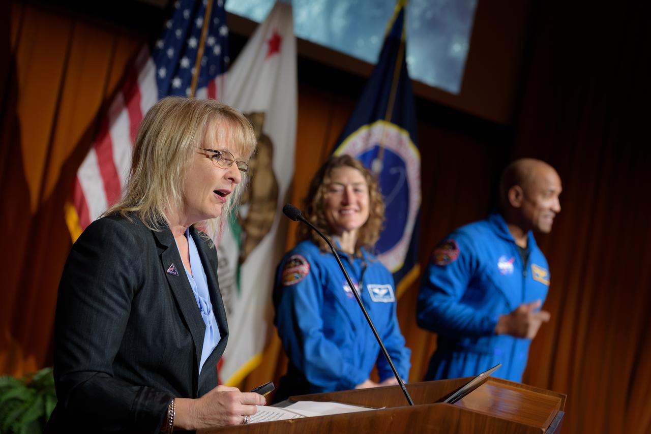 Orion Deputy Program Manager Debbie Korth, at the podium, leads a question-and-answer session with NASA astronauts Christina Koch and Victor J. Glover, right, with Ames employees following the Orion Circle of Excellence Award Ceremony in the Syvertson Auditorium, N201.