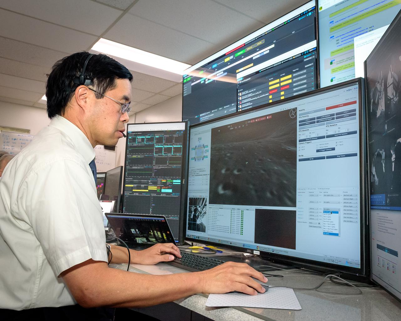 Terry Fong during the Volatiles Investigating Polar Exploration Rover (VIPER) vehicle operational readiness test in the Multi-Mission Operations Center (MMOC), N240A.
