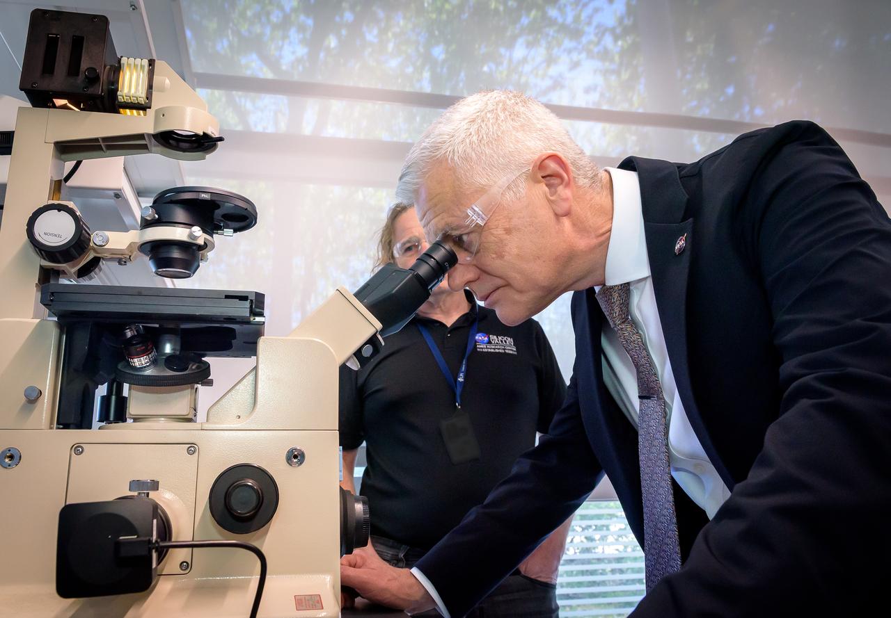 Acting Deputy Associate Administrator (DAA) for the Science Mission Directorate (SMD) Mark Clampin learns about the Lunar Explorer Instrument for space biology Applications (LEIA) the Bioscience Collaborative Laboratory, N288.