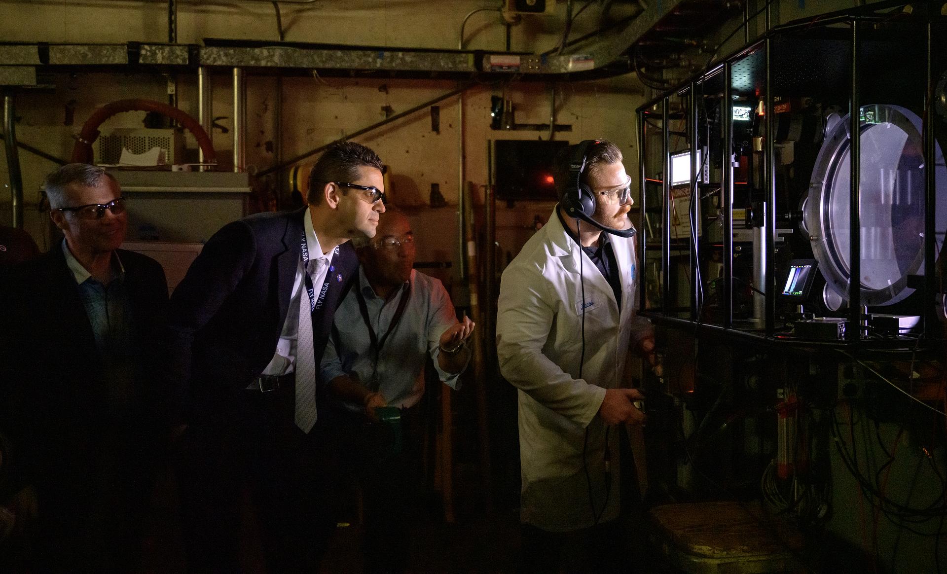 NASA Administrator Jared Isaacman views a test run in the Arc Jet facility in N238.