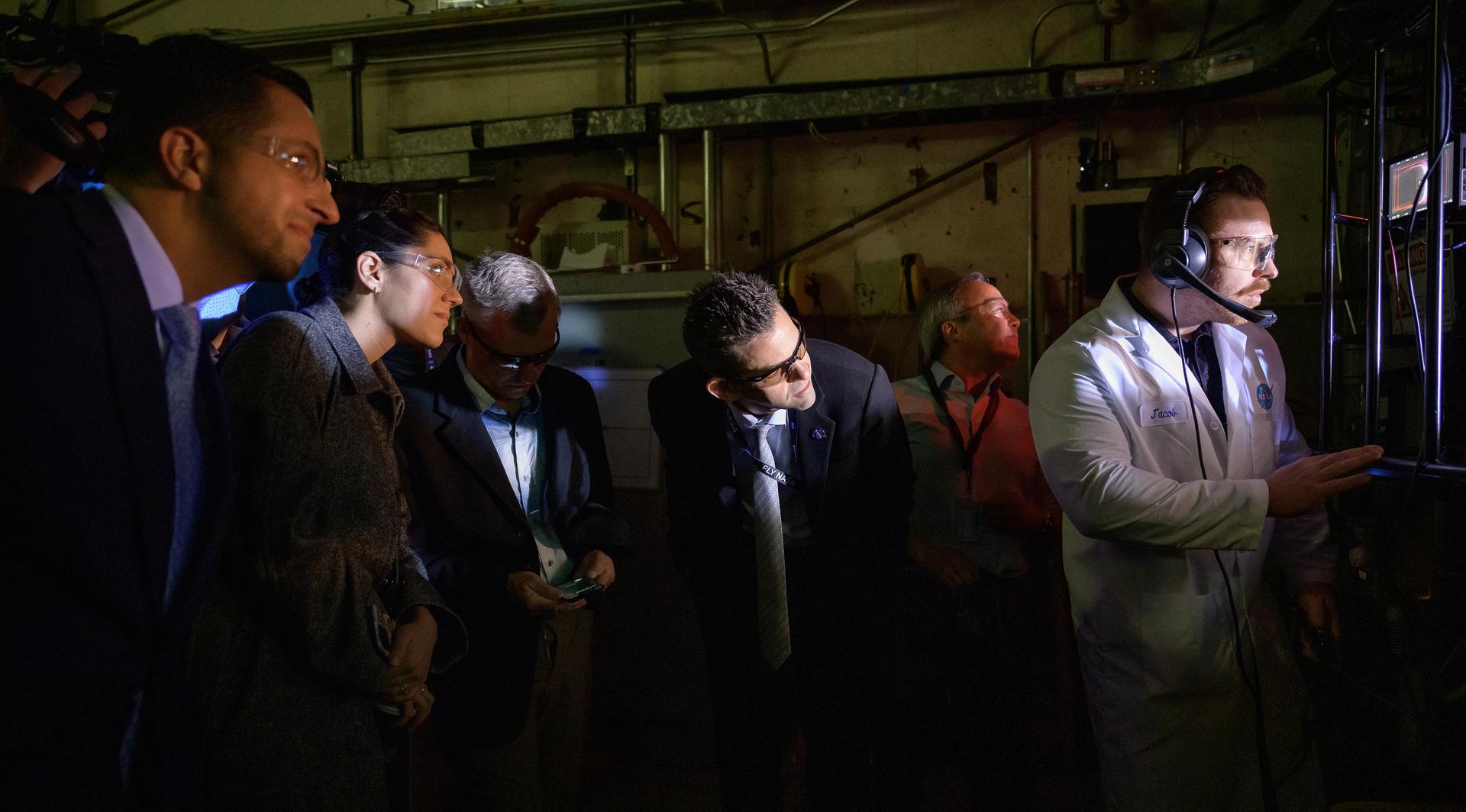 NASA Administrator Jared Isaacman views a test run in the Arc Jet facility in N238.