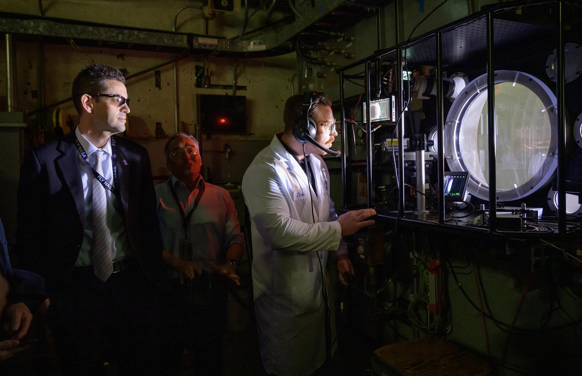 NASA Administrator Jared Isaacman views a test run in the Arc Jet facility in N238.