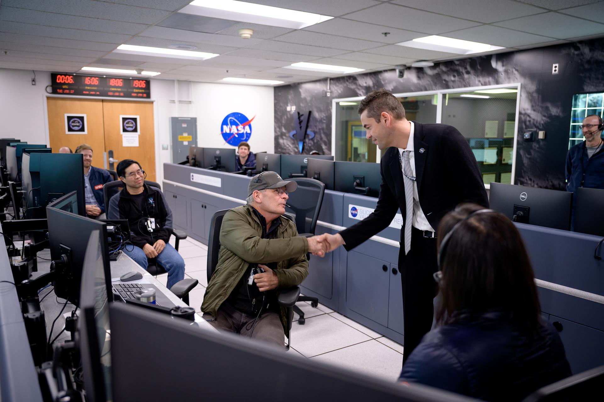 NASA Administrator Jared Isaacman speaks with Ames engineers during his visit to the Multi-Mission Operations Center (MMOC) in N240A.  