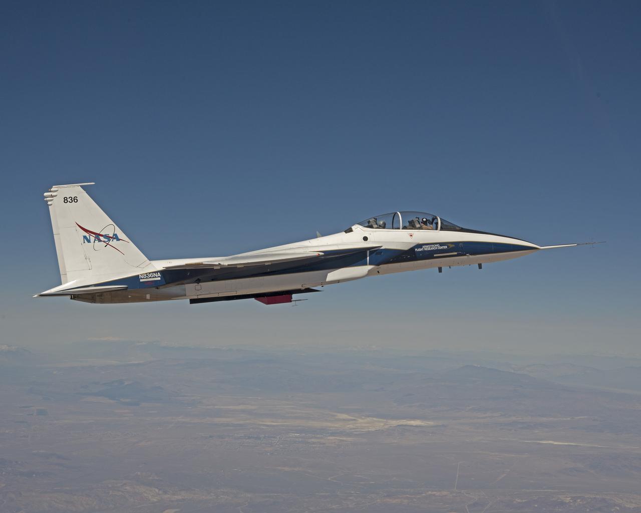 Research on the Eagle Aero Probe is ongoing from an F-15B flight test fixture, as the aircraft flies missions over the high desert.