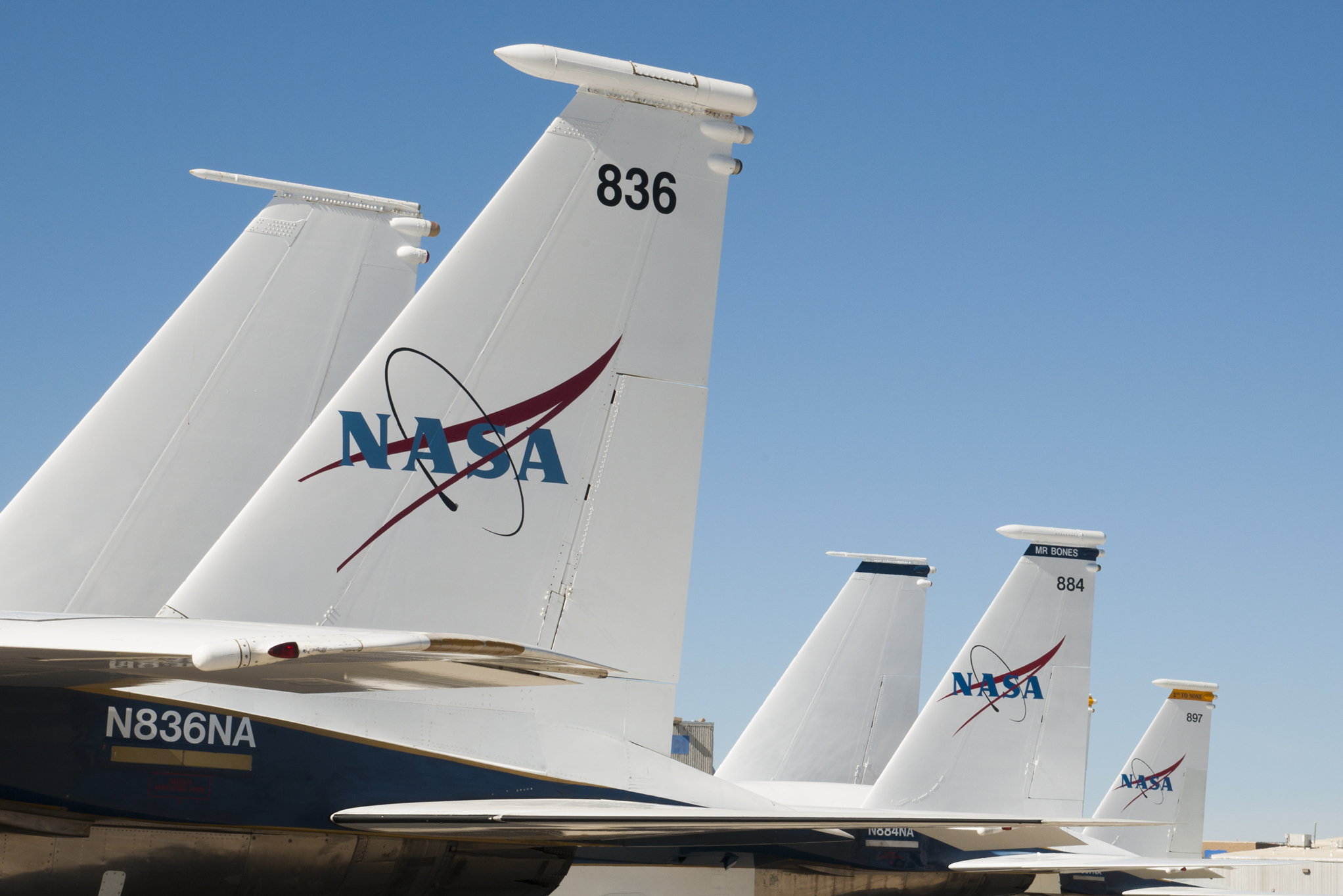 Left to right: workhorse F-15B #836, "Mr. Bones" F-15D #884, and "2nd to None" F-15D #897 on the back ramp at NASA's Neil A. Armstrong Flight Research Center.