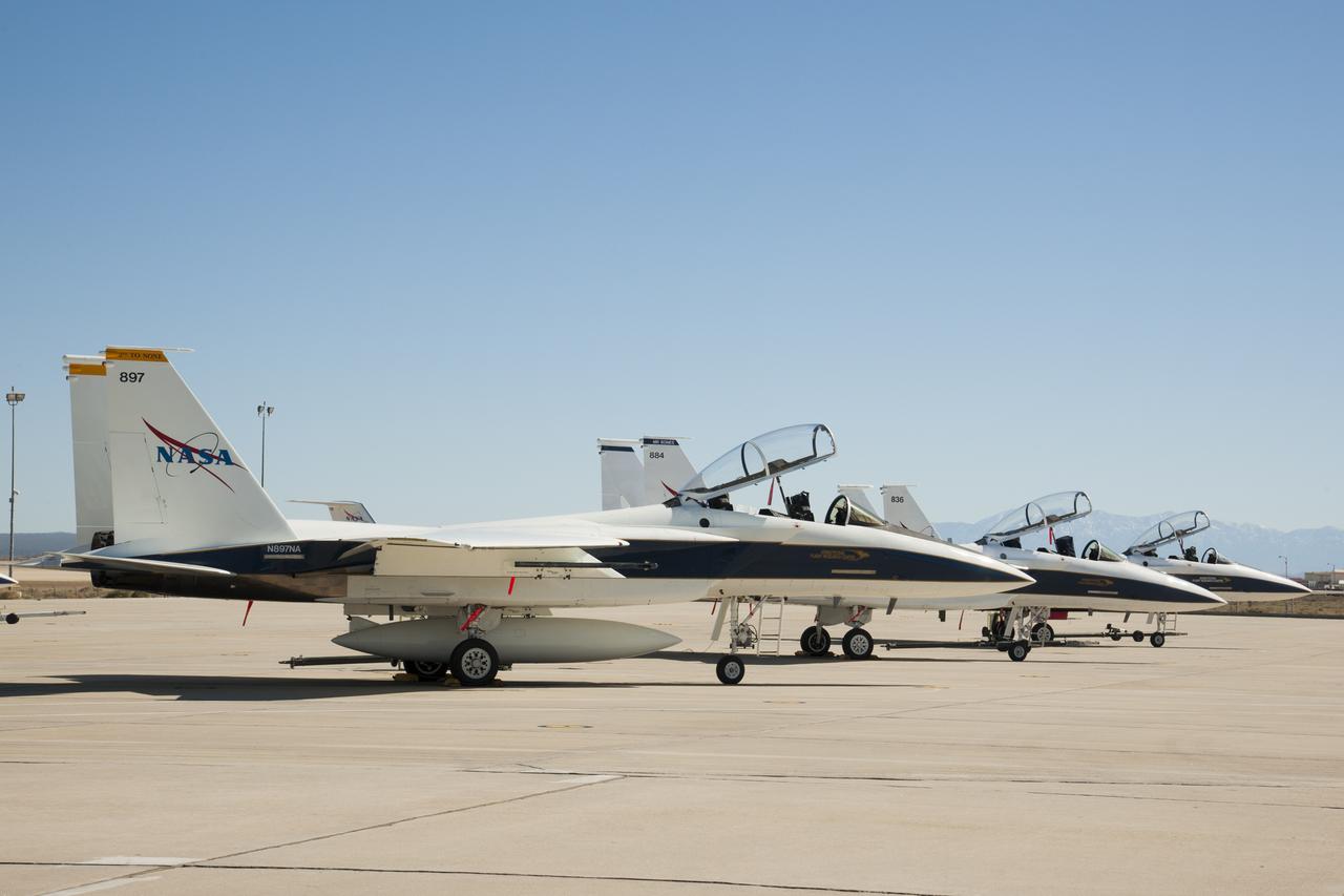 Left to right: "2nd to None" (F-15D #897), "Mr. Bones" (F-15D #884), and workhorse F-15B #836 on the back ramp at NASA's Neil A. Armstrong Flight Research Center.