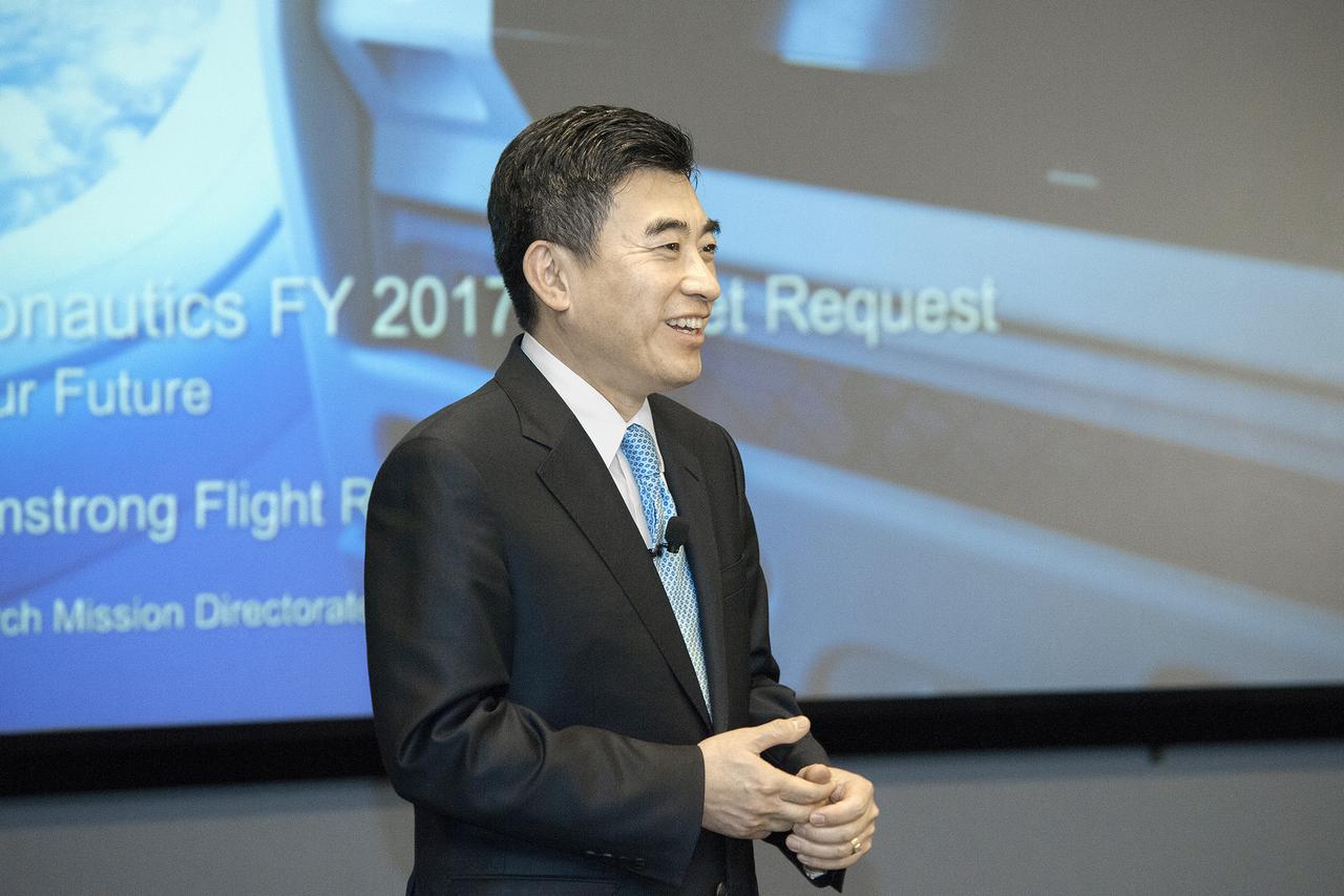 NASA Associate Administrator for Aeronautics Jaiwon Shin talked to staff and managers at NASA Armstrong Flight Research Center in California March 17 about the New Horizons initiative. The 10-year plan could substantially improve aviation and provide major economic benefits.