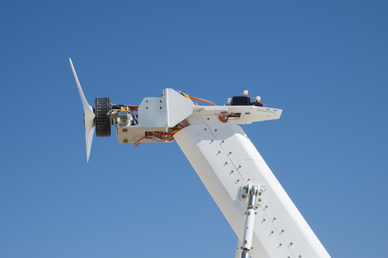 The electric propulsion system to be tested is secured at the top of the Airvolt test stand and instrumented to collect data.