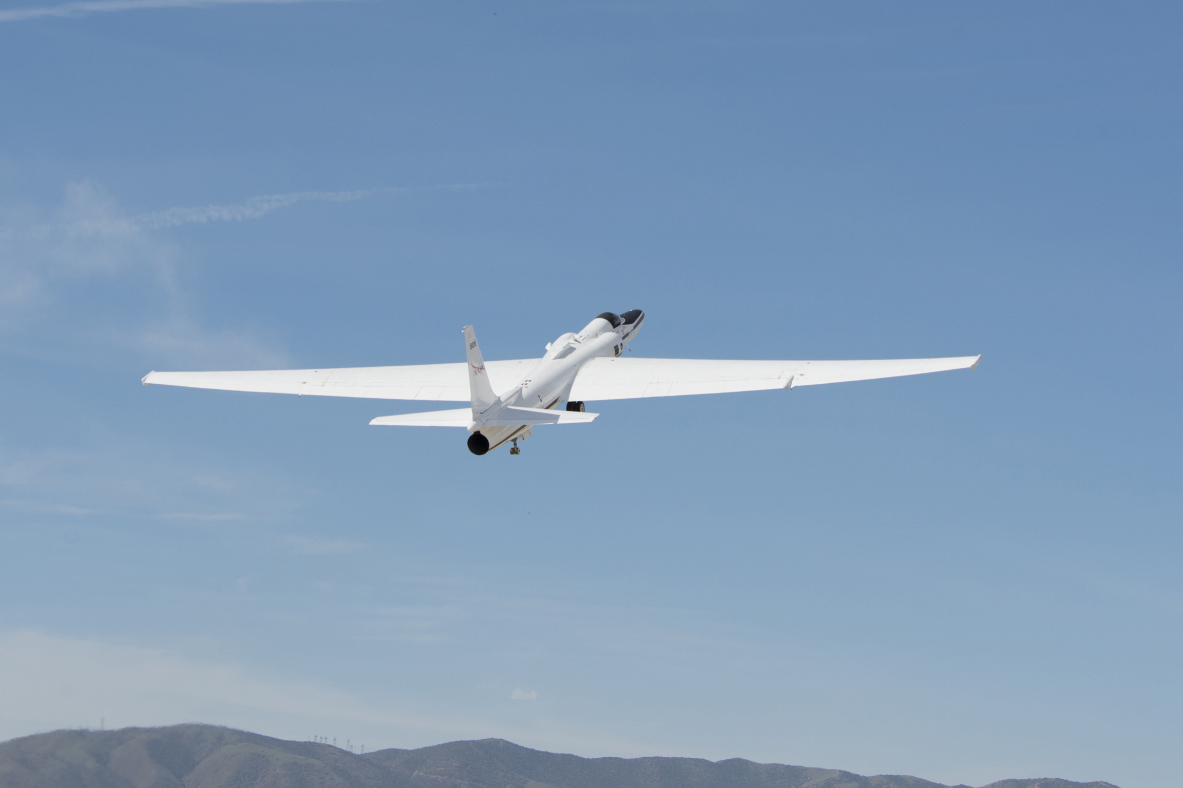 NASA’s ER-2 takes off from its base of operations at NASA’s Armstrong Flight Research Center Building 703 in Palmdale, California.