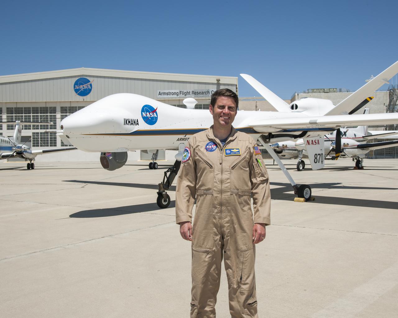 Scott Howe, a pilot at NASA's Armstrong Flight Research Center in California, assisted with monitoring California's wildfires by operating a MQ-9 remotely piloted aircraft during launches and recoveries for the California Air National Guard. The MQ-9 closely resembles the Ikhana aircraft, which Howe had piloted at Armstrong.