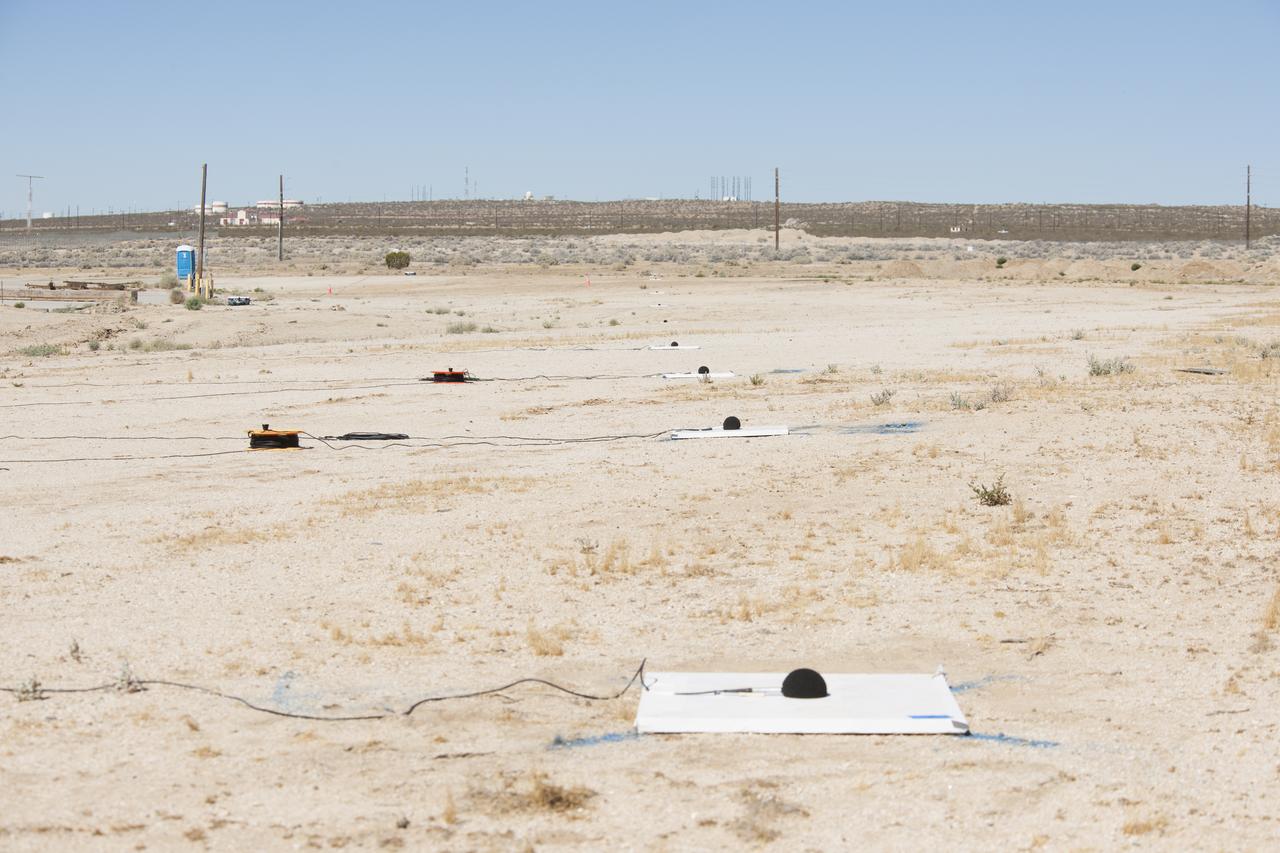 One of three microphone arrays positioned strategically along the ground at Edwards Air Force Base, California, sits ready to collect sound signatures from sonic booms created by a NASA F/A-18 during the SonicBAT flight series. The arrays collected the sound signatures of booms that had traveled through atmospheric turbulence before reaching the ground.