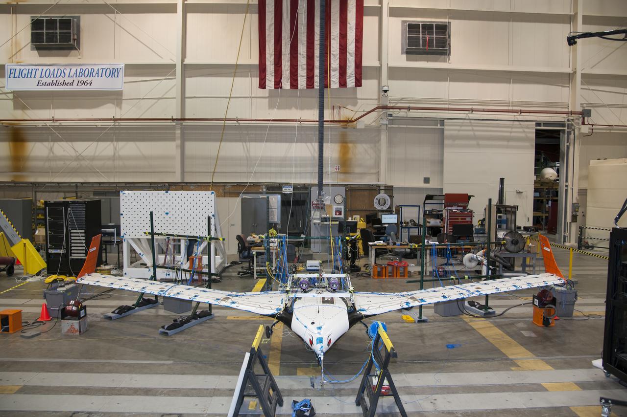 The X-56 Multi-Utility Technology Testbed (MUTT) undergoes ground vibration tests in Armstrong's Flight Loads Laboratory.
