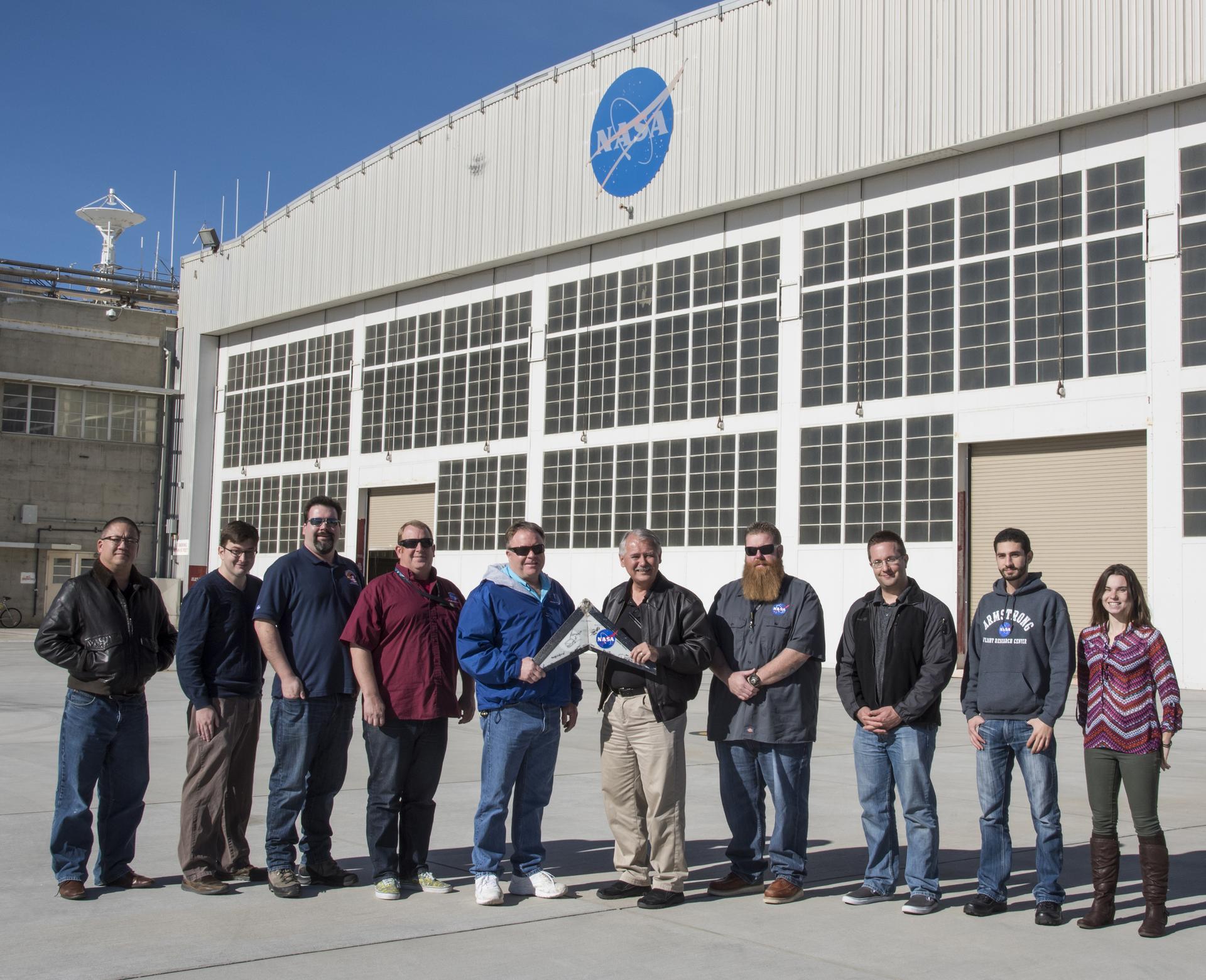 The WHAATRR team from NASA Armstrong includes, from left, Derek Abramson Dave Berger, John Bodylski, Robert “Red” Jensen, Scott Wiley, Al Bowers, Justin Hall, Luke Bard, Hussein Nasr and Samantha Ingersoll.