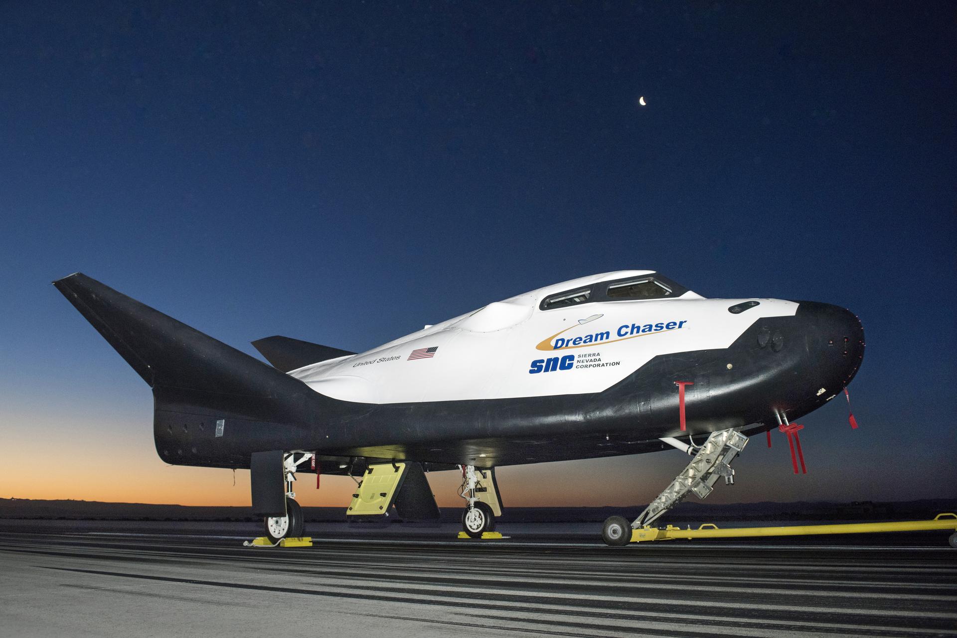 Sierra Nevada Corporation's (SNC) Dream Chaser® spacecraft shown on the runway at NASA's Armstrong Flight Research Center on May 20 preparing for a tow-test.