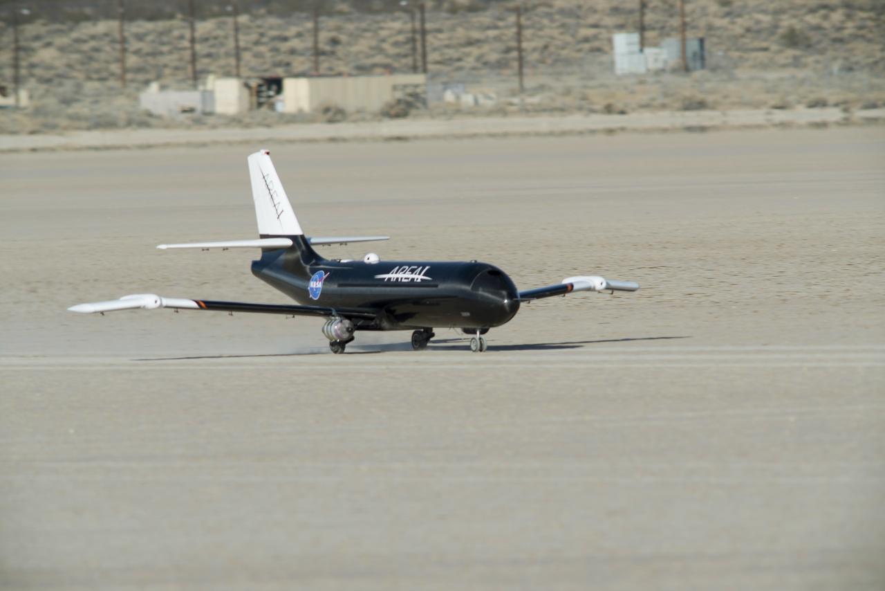 PTERA takes off from the Rogers Dry Lakebed on a flight to test the ability of an innovative, lightweight material, called shape memory alloy, to fold the outer portion of an aircraft’s wings in flight.