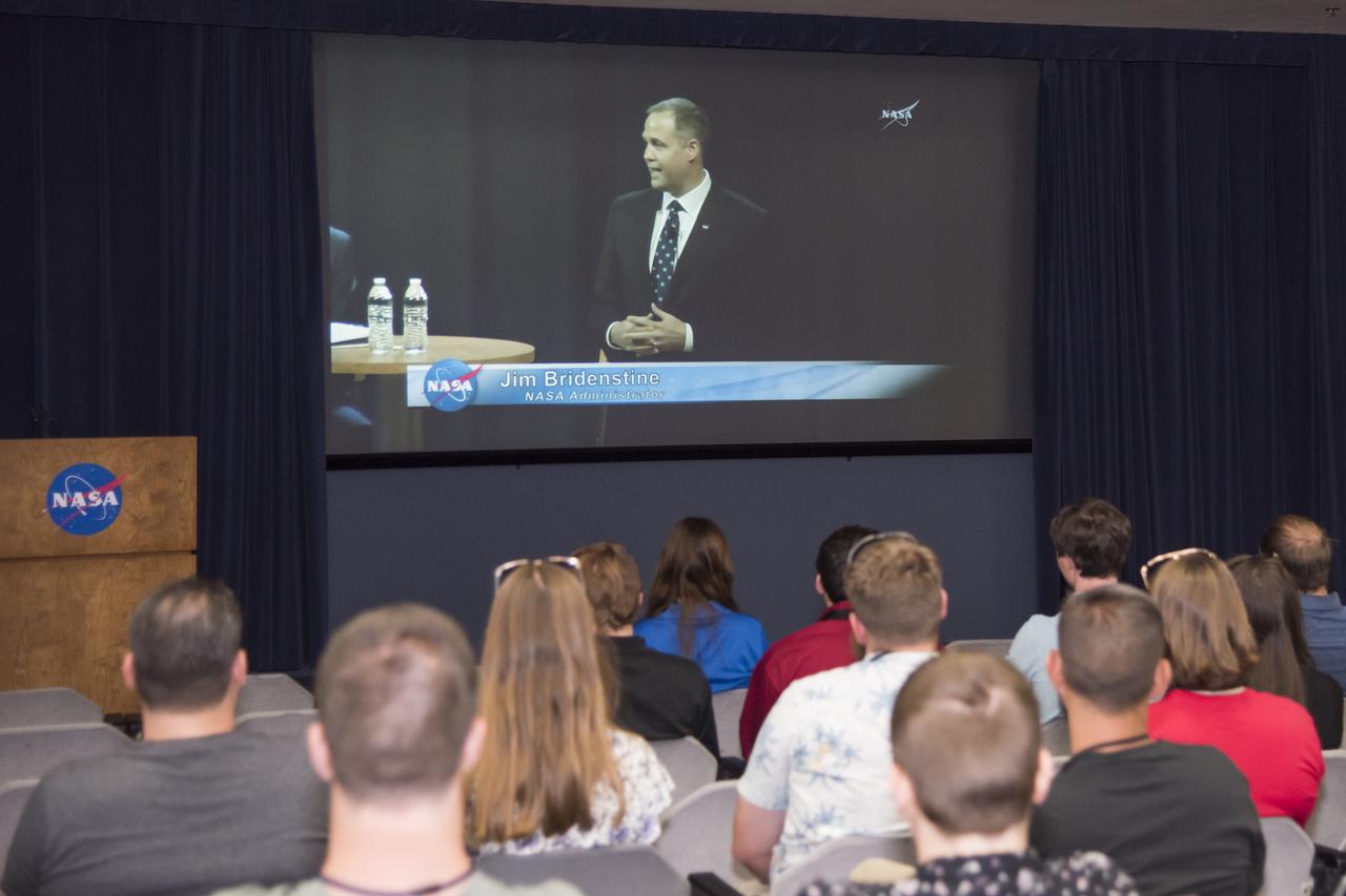NASA Armstrong Interns watch a live broadcast of a town hall with Administrator Jim Bridenstine for National Intern Day 2018