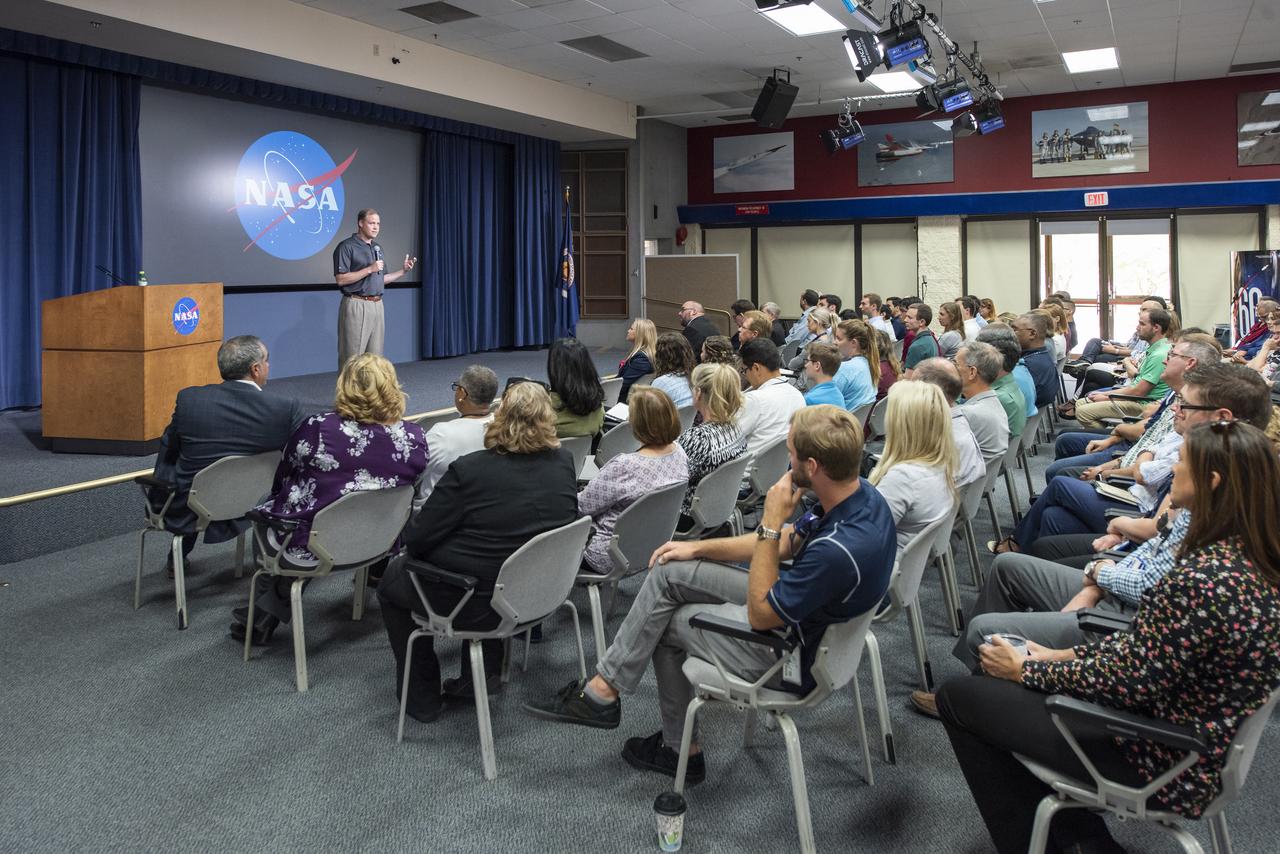 In Armstrong auditorium, Bridenstine discusses the future of NASA under his administration then answered questions from employees