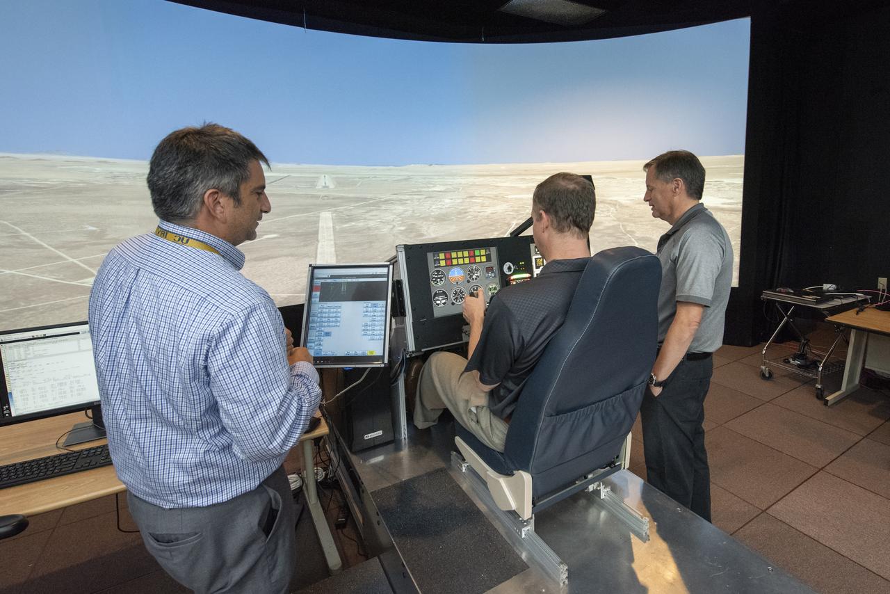 NASA Administrator Bridenstine tests the X-57 "Maxwell" simulator at NASA's Armstrong Flight Research Center. The simulator is designed to provide feedback to NASA test pilots based on the aircraft's unique design and distributed electric propulsion system.