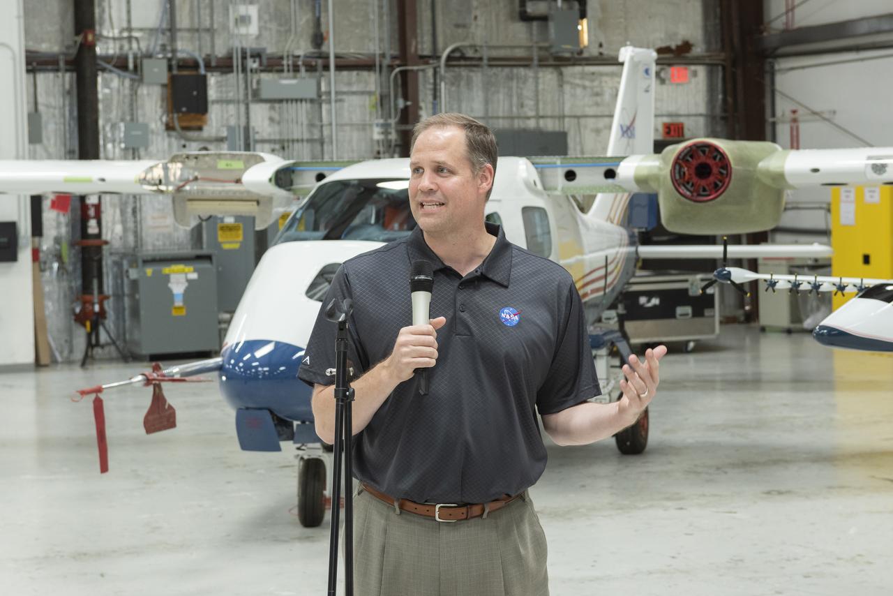 NASA Administrator Bridenstine talks to press at Scaled Composites hangar at Mojave Air & Space Port in California. He talks about X-planes and their future and the Flight Opportunities program as well as commercial space partnerships with the agency.